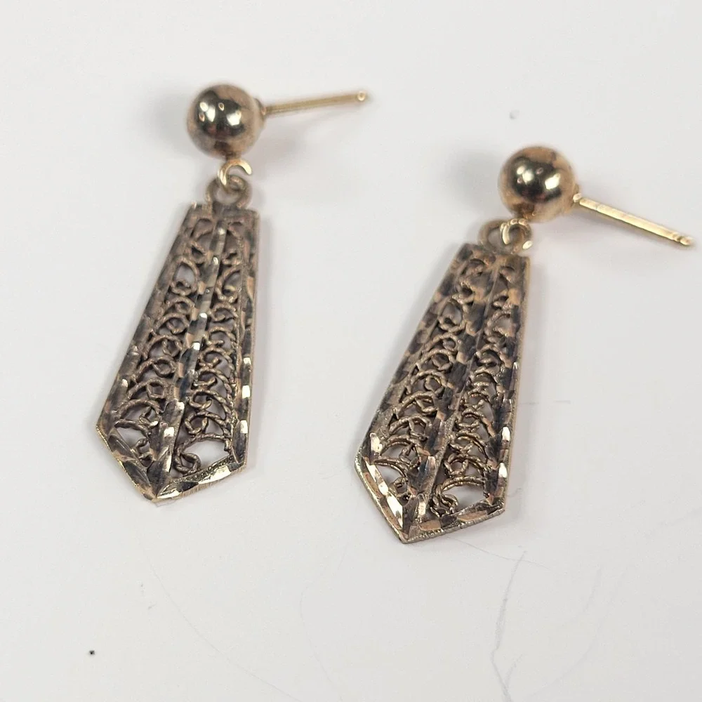 Gold Vermeil 925 Dangle Earrings Rectangular Filigree Drop Geometric Jewelry‎